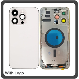 iPhone 14 Pro Max (A2894, A2651), Rear Back Battery Cover Middle Frame- Housing Πίσω Κάλυμμα Καπάκι Πλάτη Μπαταρίας - Σασί + Camera Lens Τζαμάκι Κάμερας + Side Keys Πλαινά πλήκτρα  + Sim Tray Θήκη Κάρτας White Άσπρο (Ref By Apple)