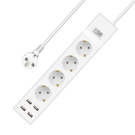 Extension Socket no Brand, 4 Way, 250v, 16a, Cable, 3m., 4 x usb f, With Switch, White - 17888