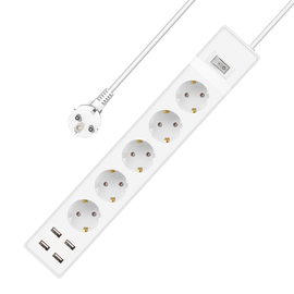 Extension Socket no Brand, 5 Way, 250v, 16a, Cable, 3m., 4 x usb f, With Switch, White - 17890