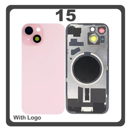 HQ OEM Συμβατό Με iPhone 15 , iPhone15 (A3090, A2846) Rear Back Battery Cover Πίσω Κάλυμμα Καπάκι Πλάτη Μπαταρίας + Metal Plate + Camera Lens Τζαμάκι Κάμερας + Magsafe Pink Ροζ (Premium A+)
