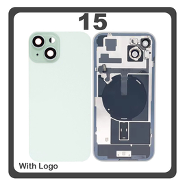 HQ OEM Συμβατό Με iPhone 15 , iPhone15 (A3090, A2846) Rear Back Battery Cover Πίσω Κάλυμμα Καπάκι Πλάτη Μπαταρίας + Metal Plate + Camera Lens Τζαμάκι Κάμερας + Magsafe + NFC Green Πράσινο (Premium A+)