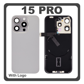 HQ OEM Συμβατό Με Apple iPhone 15 Pro, iPhone 15Pro (A2848, A3101) Rear Back Battery Cover Πίσω Κάλυμμα Καπάκι Πλάτη Μπαταρίας + Metal Plate + Camera Lens Τζαμάκι Κάμερας + Magsafe + NFC Natural Titanium Γκρι (Premium A+)
