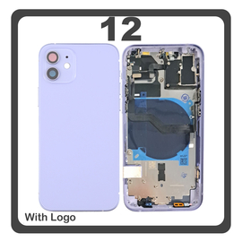 HQ OEM Συμβατό Με Apple iPhone 12 (A2403, A2172) Rear Back Battery Cover Middle Frame- Housing Πίσω Κάλυμμα Καπάκι Πλάτη Μπαταρίας + Power Button + Volume Button Flex Cable + Sim Card Tray + Flashlight Flex + NFC Purple Μωβ (Premium A+)