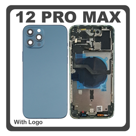 HQ OEM Συμβατό Με Apple iPhone 12 Pro Max, iPhone12 Pro Max (A2411, A2342) Rear Back Battery Cover Middle Frame- Housing Πίσω Κάλυμμα Καπάκι Πλάτη Μπαταρίας + Power Button + Volume Button Flex Cable + Sim Card Tray + Flashlight Flex + NFC Blue Μπλε (Premium A+)