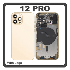 HQ OEM &Sigma;&upsilon;&mu;&beta;&alpha;&tau;ό &Mu;&epsilon; Apple iPhone 12 Pro, (A2407, A2341) Rear Back Battery Cover Middle Frame- Housing &Pi;ί&sigma;&omega; &Kappa;ά&lambda;&upsilon;&mu;&mu;&alpha; &Kappa;&alpha;&pi;ά&kappa;&iota; &Pi;&lambda;ά&tau;&eta; &Mu;&pi;&alpha;&tau;&alpha;&rho;ί&alpha;&sigmaf; + Power Button + Volume Button Flex Cable + Sim Card Tray + Flashlight Flex + NFC Gold &Chi;&rho;&upsilon;&sigma;ό (Premium A+)