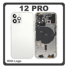 HQ OEM &Sigma;&upsilon;&mu;&beta;&alpha;&tau;ό &Mu;&epsilon; Apple iPhone 12 Pro, (A2407, A2341) Rear Back Battery Cover Middle Frame- Housing &Pi;ί&sigma;&omega; &Kappa;ά&lambda;&upsilon;&mu;&mu;&alpha; &Kappa;&alpha;&pi;ά&kappa;&iota; &Pi;&lambda;ά&tau;&eta; &Mu;&pi;&alpha;&tau;&alpha;&rho;ί&alpha;&sigmaf; + Power Button + Volume Button Flex Cable + Sim Card Tray + Flashlight Flex + NFC White Ά&sigma;&pi;&rho;&omicron; (Premium A+)