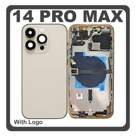 HQ OEM &Sigma;&upsilon;&mu;&beta;&alpha;&tau;ό &Mu;&epsilon; Apple iPhone 14 Pro Max, iPhone 14 ProMax (A2894, A2651), Rear Back Battery Cover Middle Frame- Housing &Pi;ί&sigma;&omega; &Kappa;ά&lambda;&upsilon;&mu;&mu;&alpha; &Kappa;&alpha;&pi;ά&kappa;&iota; &Pi;&lambda;ά&tau;&eta; &Mu;&pi;&alpha;&tau;&alpha;&rho;ί&alpha;&sigmaf; + Power Button + Volume Button Flex Cable + Sim Card Tray + Flashlight Flex + NFC Gold &Chi;&rho;&upsilon;&sigma;ό (Premium A+)