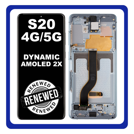 Γνήσια Original Samsung Galaxy S20 4G (SM-G980), S20 5G (SM-G981) Dynamic AMOLED 2X LCD Display Assembly Screen Οθόνη + Touch Screen Digitizer Μηχανισμός Αφής + Frame Bezel Πλαίσιο Cloud Blue Μπλε GH82-31432D No Camera (Renewed)