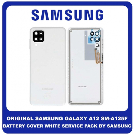 Original Γνήσιο Samsung Galaxy A12 A125 SM-A125F Rear Back Battery Cover White Πίσω Κάλυμμα Πλάτη Καπάκι Μπαταρίας Άσπρο + Camera Lens Τζαμάκι Κάμερας GH82-24487B (Service Pack By Samsung)