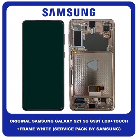 Original Γνήσιο Samsung Galaxy S21 5G 2021 G991 (SM-G991B, SM-G991B/DS, SM-G991U, SM-G991U1, SM-G991W, SM-G991N, SM-G9910) Dynamic AMOLED LCD Display Screen Assembly Οθόνη + Touch Screen Digitizer Μηχανισμός Αφής + Frame Bezel Πλαίσιο Σασί White GH82-24544C GH82-24545C (Service Pack By Samsung)