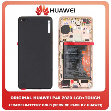 Original Γνήσια Huawei P40 2020 (ANA-AN00, ANA-TN00, ANA-NX9, ANA-LX4) OLED LCD Display Assembly Screen Οθόνη + Touch Digitizer Μηχανισμός Αφής + Πλαίσιο Σασί Frame Bezel + Battery Μπαταρία Gold Χρυσό 02353MFV (Service Pack By Huawei)