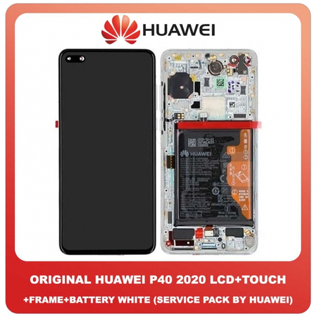 Original Γνήσια Huawei P40 2020 (ANA-AN00, ANA-TN00, ANA-NX9, ANA-LX4) OLED LCD Display Assembly Screen Οθόνη + Touch Digitizer Μηχανισμός Αφής + Πλαίσιο Σασί Frame Bezel + Battery Μπαταρία White Άσπρο 02353MFW (Service Pack By Huawei)
