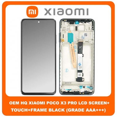 OEM HQ Xiaomi Poco X3 Pro (M2102J20SG, M2102J20SI), Poco X3 (MZB07Z0IN, MZB07Z1IN) IPS LCD Display Assembly Screen Unit Οθόνη + Touch Digitizer Μηχανισμός Αφής + Frame Bezel Πλαίσιο Phantom Black Μαύρο (Grade AAA+++)