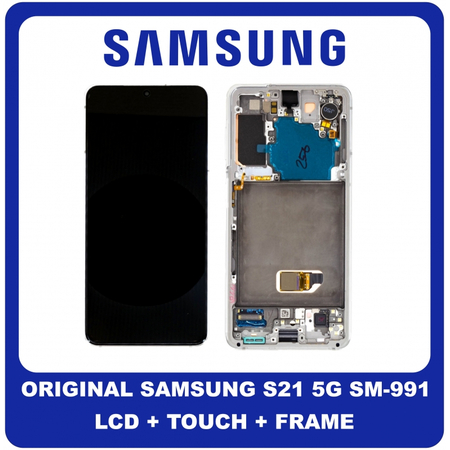 Γνήσιο Original Samsung Galaxy S21 5G 2021 (SM-G991B, SM-G991B/DS) Dynamic AMOLED LCD Display Screen Assembly Οθόνη + Touch Screen Digitizer Μηχανισμός Αφής + Frame Bezel Πλαίσιο Σασί No Camera Phantom White Άσπρο GH82-27255C GH82-27256C (Service Pack By Samsung)