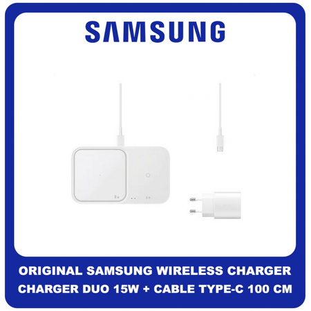 Γνήσια Original Samsung Wireless Charger Duo 15W, EP-P5400TWE Ασύρματος Φορτιστής + Cable Καλώδιο Type-C To Type-C 100CM White Άσπρο EP-P5400TWEGEU (Service Pack By Samsung)