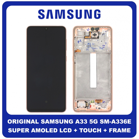 Γνήσια Original Samsung Galaxy A33 5G, GalaxyA33 5G (SM-A336E, SM-A336B) Super AMOLED LCD Display Screen Assembly Οθόνη + Touch Screen Digitizer Μηχανισμός Αφής + Frame Bezel Πλαίσιο Σασί Peach/Gold GH82-28143D GH82-28144D (Service Pack By Samsung)