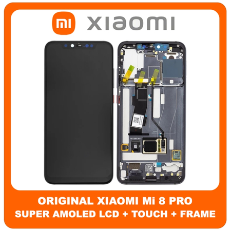 Γνήσια Original Xiaomi Mi 8 Pro, Xiaomi8 Pro (M1807E8A) Super AMOLED LCD Display Screen Assembly Οθόνη + Touch Screen Digitizer Μηχανισμός Αφής + Frame Bezel Πλαίσιο Σασί Deep Tarnish Μαύρο​ 5601100040B6 (Service Pack By Xiaomi)