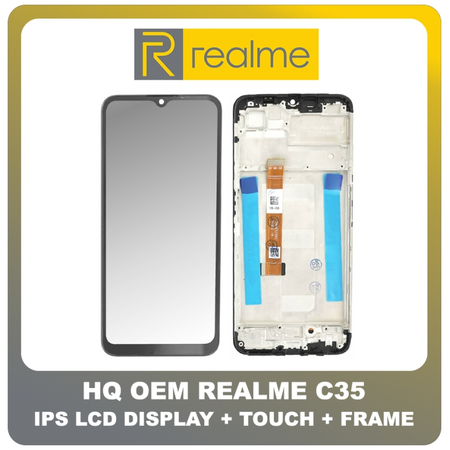 HQ OEM Συμβατό Για Realme C35, RealmeC35 (RMX3511) IPS LCD Display Screen Assembly Οθόνη + Touch Screen Digitizer Μηχανισμός Αφής + Frame Bezel Πλαίσιο Σασί Glowing Black Μαύρο (Grade AAA+++)