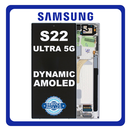 Γνήσια Original Samsung Galaxy S22 Ultra 5G (SM-S908B, SM-S908B/DS) Dynamic AMOLED LCD Display Screen Assembly Οθόνη + Touch Screen Digitizer Μηχανισμός Αφής + Frame Bezel Πλαίσιο Σασί White Άσπρο GH82-27488C (Service Pack By Samsung)