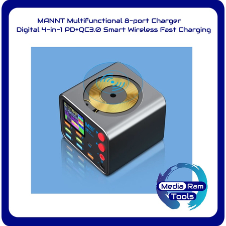 MANNT - Επιτραπέζιος Πολυφορτιστής Με Υποστήριξη PD, QC3 και Ασύρματης Φόρτισης. Με Ψηφιακή Οθόνη - MANNT Multifunctional 8-port Charger - Digital 4-in-1 PD+QC3.0 Smart Wireless Fast Charging