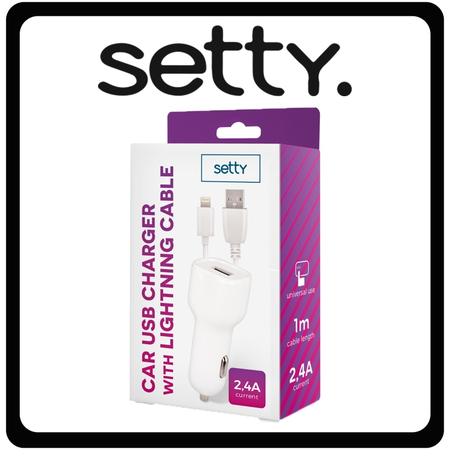 Setty Φορτιστής Αυτοκινήτου Λευκός Συνολικής Έντασης 2.4A Με μία Θύρα USB Μαζί με Καλώδιο Lightning