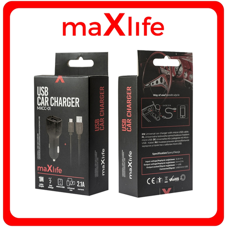 Maxlife Φορτιστής Αυτοκινήτου Μαύρος MXCC-01 Συνολικής Έντασης 2.1A με μία Θύρα USB μαζί με Καλώδιο Type-C