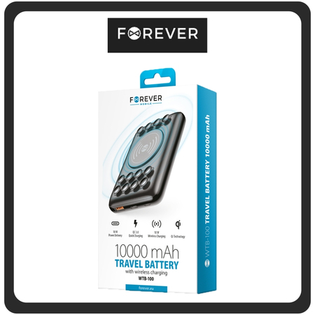 Forever WTB-100 Power Bank 10000mAh με Θύρα USB-A και Θύρα USB-C Quick Charge 3.0 Μαύρο