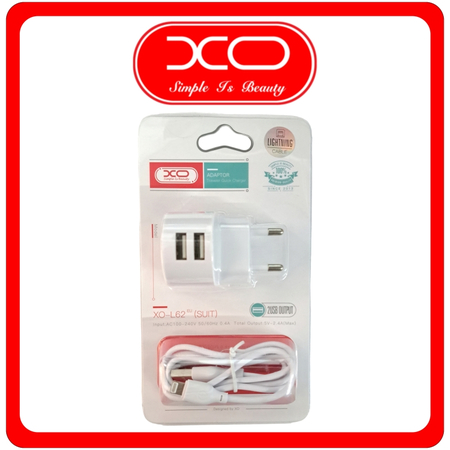XO Φορτιστής με 2 Θύρες USB-A και Καλώδιο Lightning White Λευκός (L62)