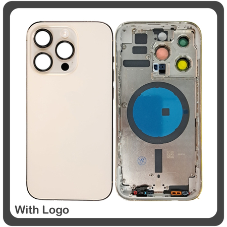 HQ OEM Συμβατό Με Apple iPhone 14 Pro (A2890), Rear Back Battery Cover Middle Frame- Housing Πίσω Κάλυμμα Καπάκι Πλάτη Μπαταρίας - Σασί + Camera Lens Τζαμάκι Κάμερας + Side Keys Πλαινά πλήκτρα  + Sim Tray Θήκη Κάρτας Gold Χρυσό (Premium A+)