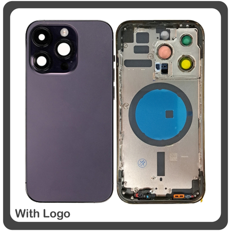 HQ OEM Συμβατό Με Apple iPhone 14 Pro (A2890), Rear Back Battery Cover Middle Frame- Housing Πίσω Κάλυμμα Καπάκι Πλάτη Μπαταρίας - Σασί + Camera Lens Τζαμάκι Κάμερας + Side Keys Πλαινά πλήκτρα  + Sim Tray Θήκη Κάρτας Deep Purple Μωβ (Premium A+)