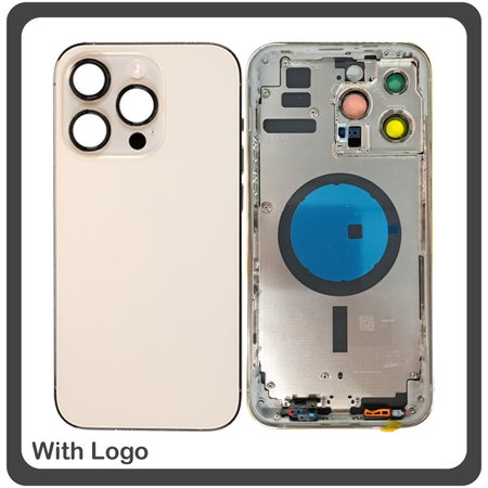 HQ OEM Συμβατό Με Apple iPhone 14 Pro Max (A2894), Rear Back Battery Cover Middle Frame- Housing Πίσω Κάλυμμα Καπάκι Πλάτη Μπαταρίας - Σασί + Camera Lens Τζαμάκι Κάμερας + Side Keys Πλαινά πλήκτρα  + Sim Tray Θήκη Κάρτας Gold Χρυσό (Premium A+)​