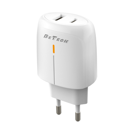 Φορτιστής Δικτύου Detech de-31, 20w, 1 x Type-c f, 1 x usb f, pd, Λευκό - 40318