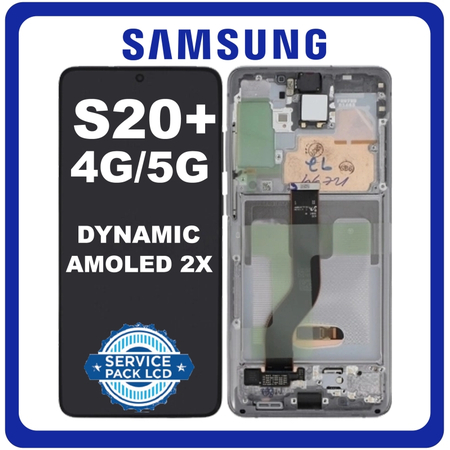 Γνήσια Original Samsung Galaxy S20+ (SM-G985, SM-G985F), S20+ 5G (SM-G986, SM-G986F), Dynamic AMOLED 2X LCD Display Screen Assembly Οθόνη + Touch Screen DIgitizer Μηχανισμός Αφής + Frame Bezel Πλαίσιο Σασί Cosmic Grey Γκρι GH82-31441E No Camera (Service Pack By Samsung)