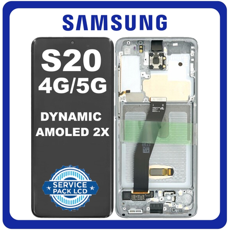 Γνήσια Original Samsung Galaxy S20 4G (SM-G980), S20 5G (SM-G981) Dynamic AMOLED 2X LCD Display Assembly Screen Οθόνη + Touch Screen Digitizer Μηχανισμός Αφής + Frame Bezel Πλαίσιο Cosmic Grey Μαύρο GH82-31432A No Camera (Service Pack By Samsung)