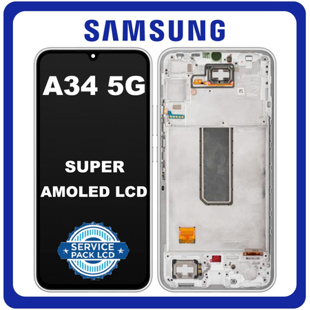 Γνήσια Original Samsung Galaxy A34 5G (SM-A346E, SM-A346B), Super AMOLED LCD Display Screen Assembly Οθόνη + Touch Screen Digitizer Μηχανισμός Αφής + Frame Bezel Πλαίσιο Σασί Silver Ασημί GH82-31201B GH82-31200B (Service Pack By Samsung)