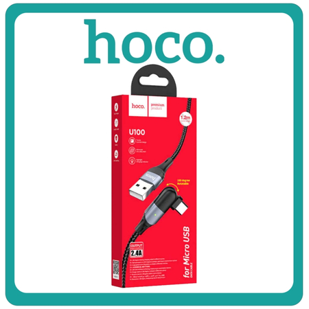 Hoco U100 Angle (90°) / Braided Micro USB Cable 2.4A 1.2m Black Μαύρο