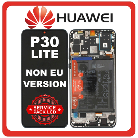 Γνήσια Original Huawei P30 lite New Edition 2020 (Marie-L21BX, MAR-LX2B, HWV33) IPS LCD Display Screen Οθόνη + Touch Digitizer Μηχανισμός Αφής + Πλαίσιο Frame Bezel + Battery Μπαταρία Black Μαυρο 02352PJP (Service Pack By Huawei)