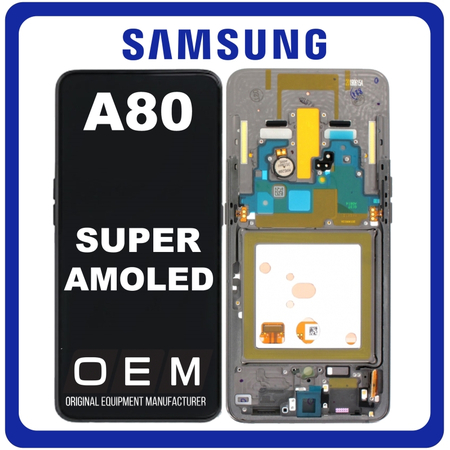 HQ OEM Συμβατό Με Samsung Galaxy A80 (SM-A805F, SM-A8050) Super AMOLED LCD Display Screen Assembly Οθόνη + Touch Screen Digitizer Μηχανισμός Αφής + Frame Bezel Πλαίσιο Σασί Phantom Black Μαύρο (Premium A+)