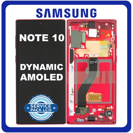 Γνήσια Original Samsung Galaxy Note 10 (SM-N970F N970) Dynamic AMOLED LCD Display Screen Οθόνη + Touch Screen DIgitizer Μηχανισμός Αφής + Frame Bezel Πλαίσιο Aura Red Κόκκινο GH82-20818E GH82-20817E (Service Pack By Samsung)