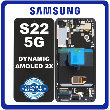 Γνήσια Original Samsung Galaxy S22 5G (SM-S901B, SM-S901B/DS) Dynamic AMOLED 2X LCD Display Screen Assembly Οθόνη + Touch Screen Digitizer Μηχανισμός Αφής + Frame Bezel Πλαίσιο Σασί Graphite Μαύρο GH82-27521E GH82-27520E (Service Pack By Samsung)