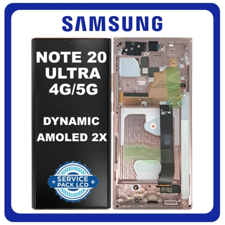 Γνήσια Original Samsung Galaxy Note20 Ultra 4G/5G, Dynamic AMOLED 2X LCD Display Screen Assembly Οθόνη + Touch Screen Digitizer Μηχανισμός Αφής + Frame Bezel Πλαίσιο Σασί Mystic Bronze No Camera GH82-31458A (Servive Pack By Samsung)