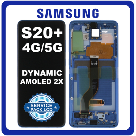 Γνήσια Original Samsung Galaxy S20+ 4G (SM-G985, SM-G985F), S20+ 5G (SM-G986, SM-G986F), Dynamic AMOLED 2X LCD Οθόνη + Touch Screen DIgitizer + Frame Bezel Aura Blue GH82-31441H No Camera (Service Pack By Samsung)