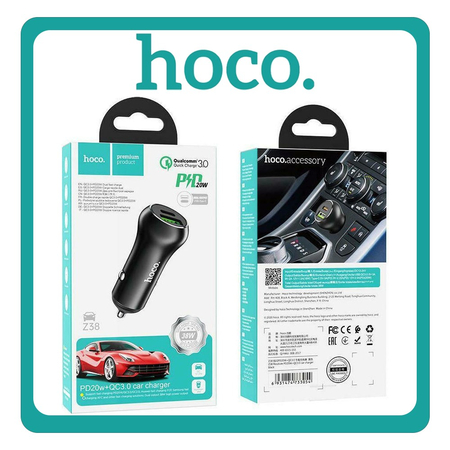 Hoco Car Charger Φορτιστής Αυτοκινήτου Black Μαύρο Z38 Συνολικής Έντασης 4.5A Γρήγορης Φόρτισης Με Θύρες: 1xUSB 1xType-C