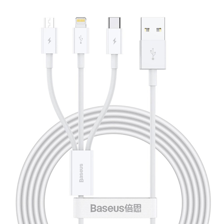 Charging Cable Baseus Superior, 3in1, Micro Usb, Lightning, Type-c, 1.0m, White - 40438