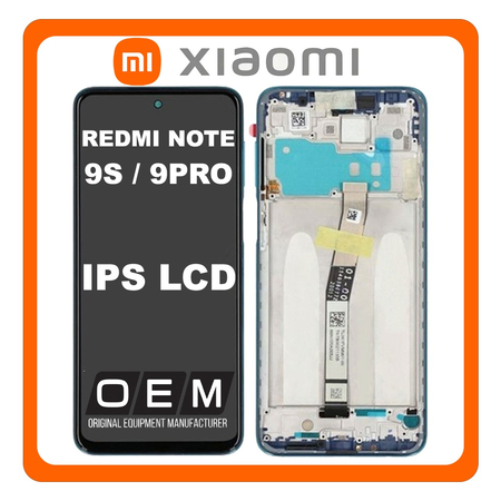 HQ OEM Συμβατό Με Xiaomi Redmi Note 9S (M2003J6A1G) / Redmi Note 9 Pro (M2003J6B2G) IPS LCD Display Screen Οθόνη + Touch Screen Digitizer Μηχανισμός Αφής + Frame Πλαίσιο Σασί Blue Μπλε (Premium A+)