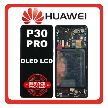 Γνήσια Original Huawei P30 Pro (VOG-L29, VOG-L09), OLED LCD Display Screen Assembly Οθόνη + Touch Screen Digitizer Μηχανισμός Αφής + Frame Bezel Πλαίσιο Σασί + Battery Μπαταρία Aurora Black Μαύρο 02355MUL/02355UMW (A Grade Direct from Huawei)