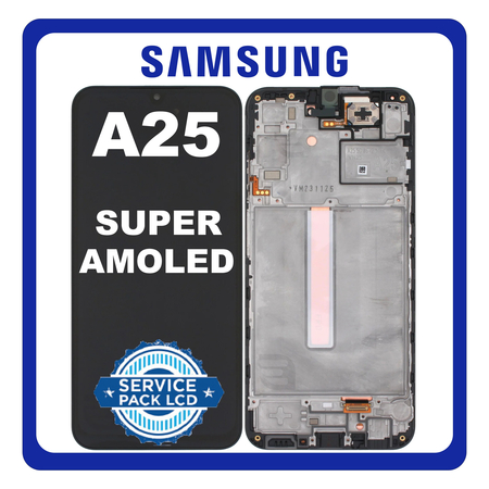 Γνήσια Original Samsung Galaxy A25 5G (SM-A256E, SM-A256E/DS) Super AMOLED LCD Display Screen Assembly Οθόνη + Touch Screen Digitizer Μηχανισμός Αφής + Frame Bezel Πλαίσιο Σασί Brave Black Μαύρο GH82-33215A / GH82-33214A (Service Pack By Samsung)
