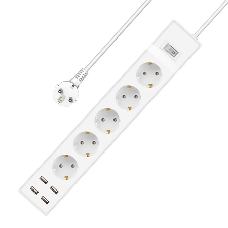 Extension Socket no Brand, 5 Way, 250v, 16a, Cable, 3m., 4 x usb f, With Switch, White - 17890