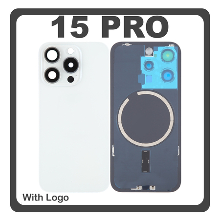 HQ OEM Συμβατό Με Apple iPhone 15 Pro, iPhone 15Pro (A2848, A3101) Rear Back Battery Cover Πίσω Κάλυμμα Καπάκι Πλάτη Μπαταρίας + Metal Plate + Camera Lens Τζαμάκι Κάμερας + Magsafe White Titanium Άσπρο (Premium A+)
