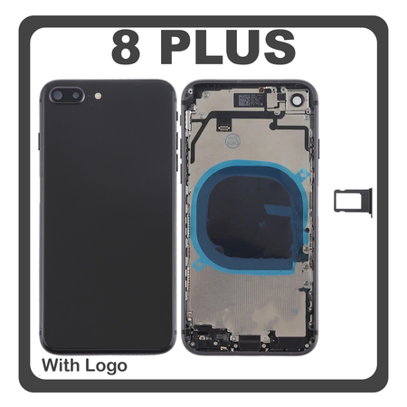 HQ OEM Συμβατό Με Apple iPhone 8+, iPhone 8 Plus (A1864, A1897) Rear Back Battery Cover Middle Frame- Housing Πίσω Κάλυμμα Καπάκι Πλάτη Μπαταρίας + Power Button + Volume Button Flex Cable + Sim Card Tray + Flashlight Flex + NFC Space Gray Μαύρο (Premium A+)